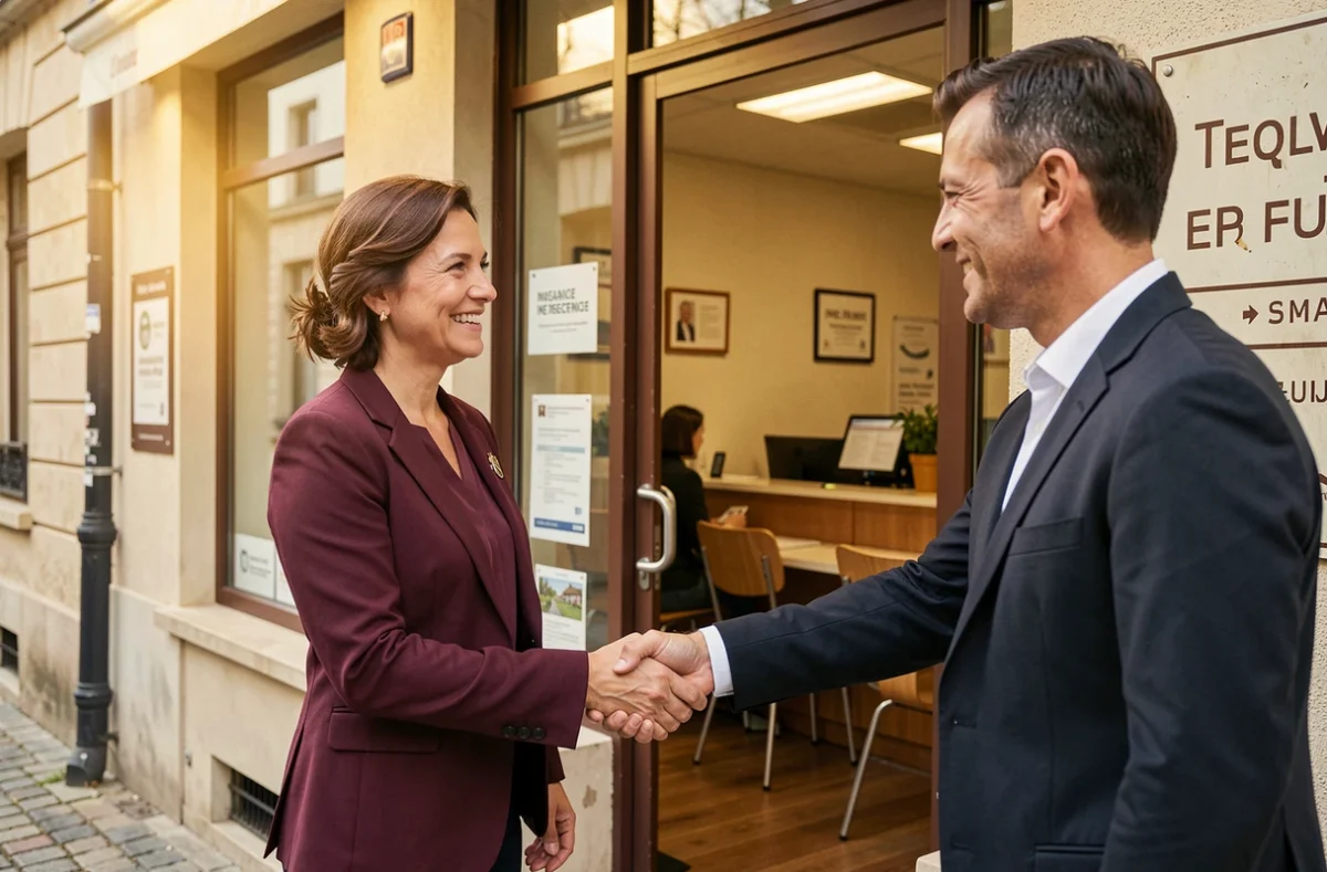 Courtière de proximité du cabinet 3A Assu accueillant un client à l'entrée de son agence locale en Auvergne-Rhône-Alpes