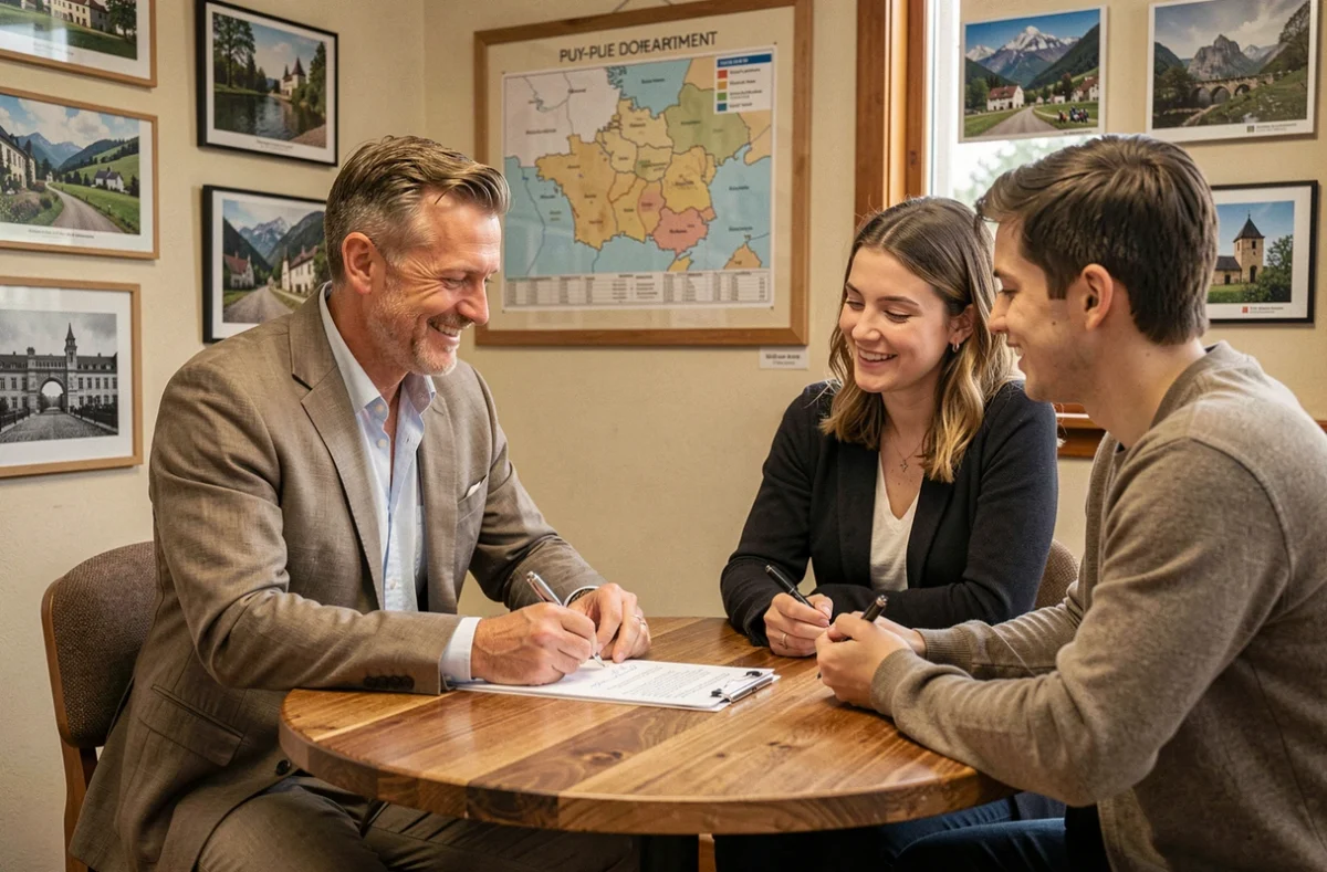 Courtier indépendant local AC Courtage dans le Puy-de-Dôme discutant d'un projet immobilier avec un jeune couple