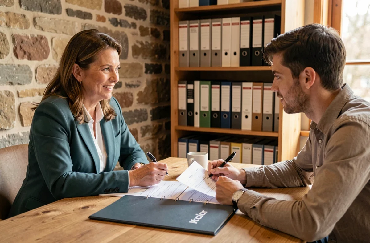 Comptable du cabinet Accior conseillant un jeune entrepreneur sur ses finances dans un bureau au cachet breton dans le Morbihan