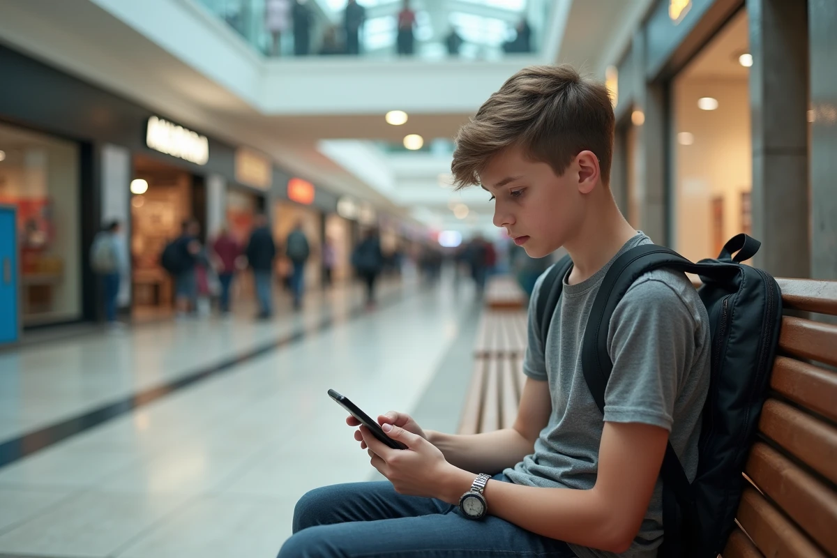 Adolescent assis dans un centre commercial avec son téléphone