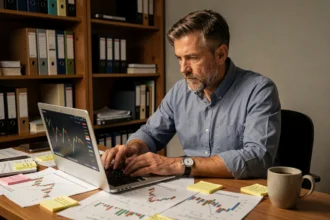 Homme analysant des graphiques boursiers sur un ordinateur dans un bureau à domicile, illustrant la stratégie de la bourse de Lester dans GTA 5