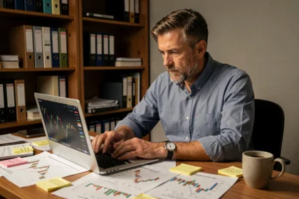Homme analysant des graphiques boursiers sur un ordinateur dans un bureau à domicile, illustrant la stratégie de la bourse de Lester dans GTA 5