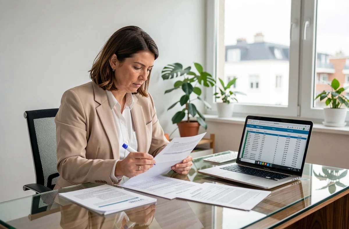 Femme analysant un contrat d'assurance vie et comparant les frais de souscription de SCPI à domicile