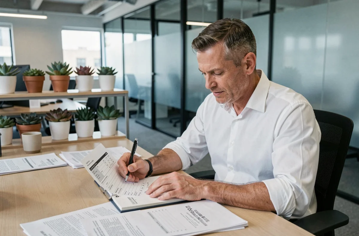 Homme en bureau open space analysant une fiche de paie pour calculer son salaire net en brut