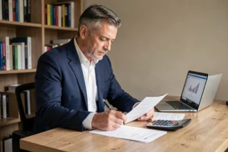 Homme d'affaires analysant des documents financiers pour un investissement en SCPI à crédit ou au comptant