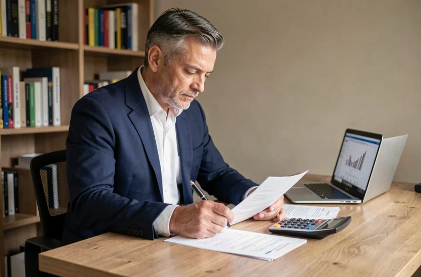 Homme d'affaires analysant des documents financiers pour un investissement en SCPI à crédit ou au comptant