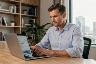 Homme analysant des graphiques d'investissement sur un ordinateur portable dans un bureau moderne