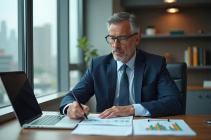 Analyste financier homme en bureau moderne avec graphiques