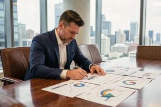 Analyste financier étudiant des graphiques de comparaison entre sociétés de développement des affaires dans une salle de conférence corporate