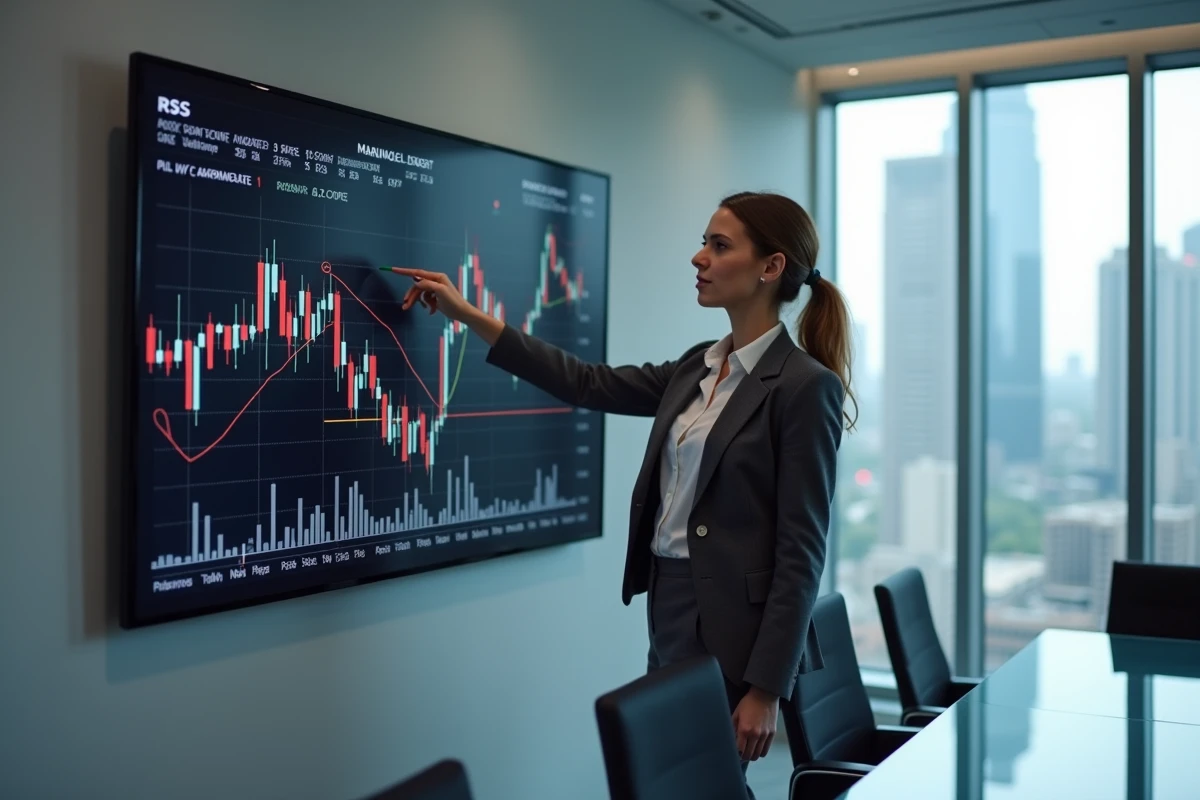 Analyste financière pointant des indicateurs techniques sur un graphique boursier de CMA CGM en salle de réunion