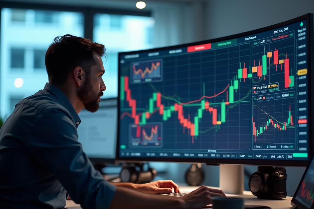 Analyste financier examinant graphiques colorés sur un grand écran