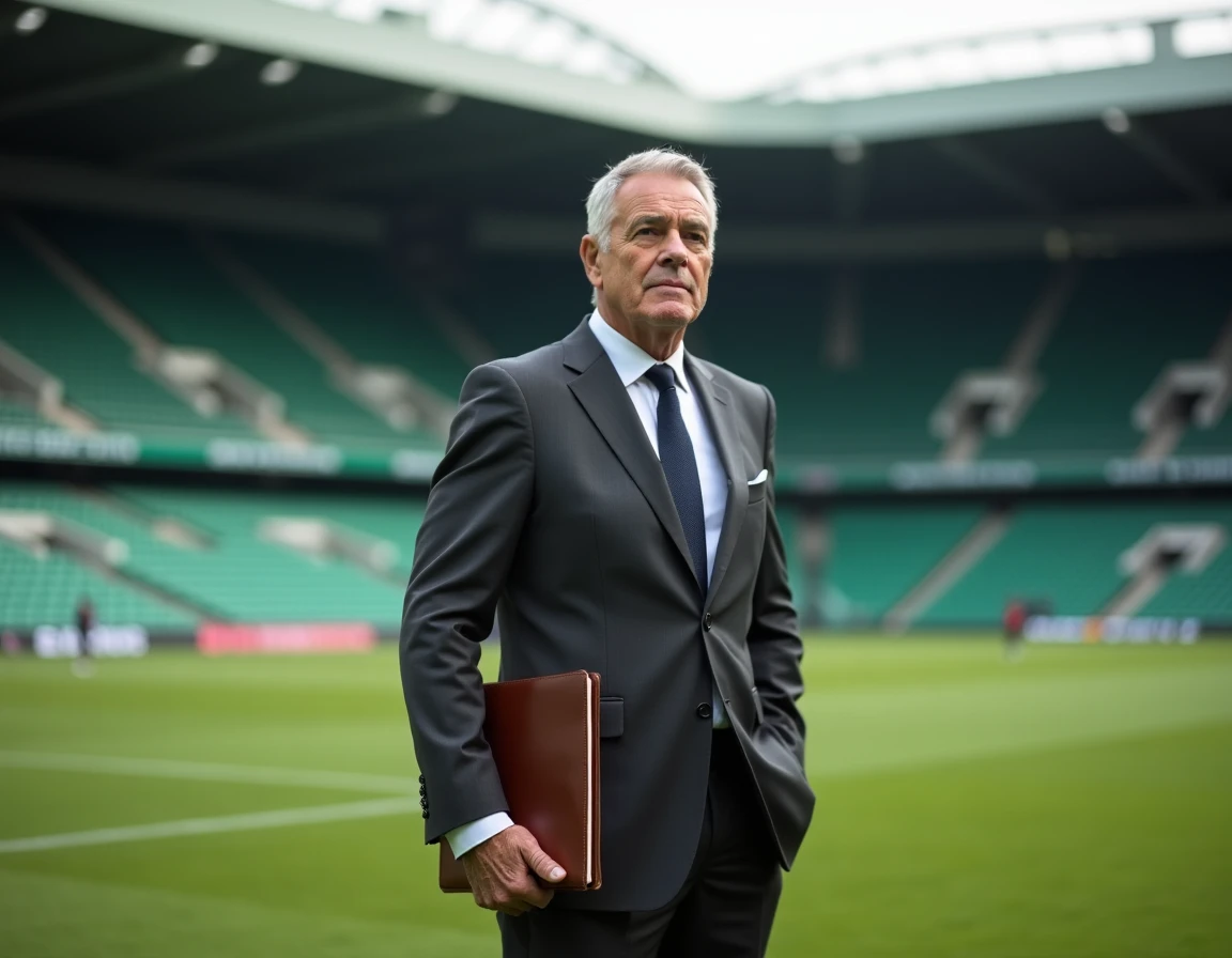 Ancien footballeur professionnel reconverti debout sur un terrain de football avec carnet de consultant