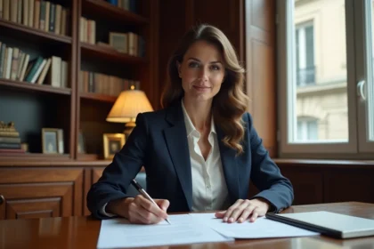 Femme élégante en blazer marine analysant des documents financiers dans un bureau parisien raffiné, évoquant la gestion d'un patrimoine et d'investissements