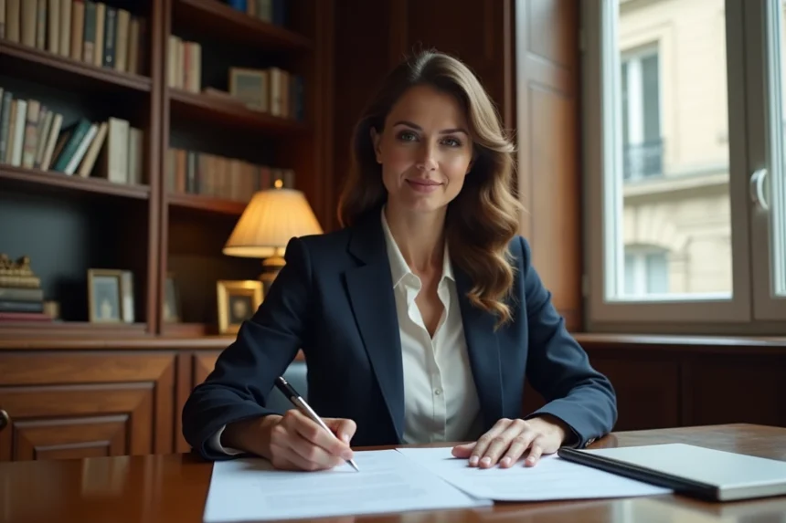 Femme élégante en blazer marine analysant des documents financiers dans un bureau parisien raffiné, évoquant la gestion d'un patrimoine et d'investissements