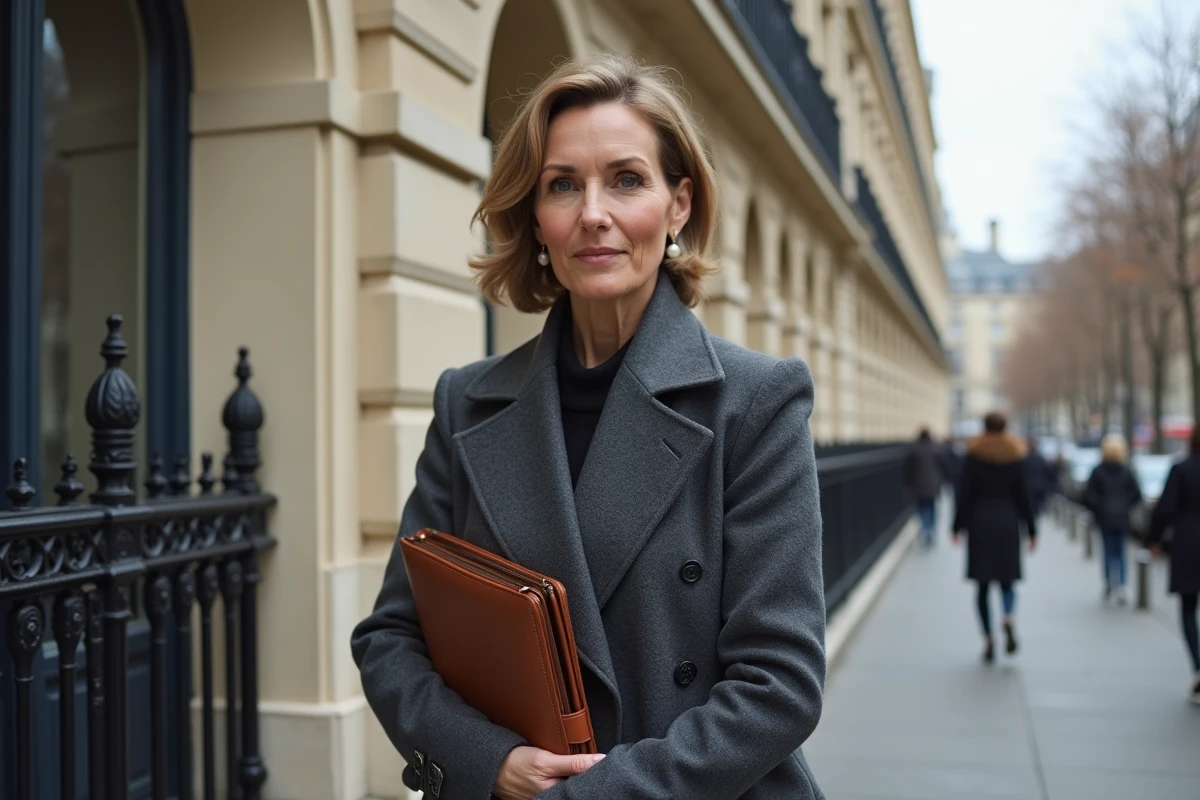 Femme professionnelle en manteau gris devant un immeuble haussmannien parisien, symbolisant le patrimoine immobilier et l'héritage financier