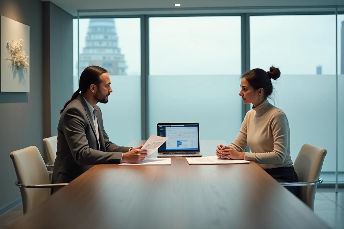 Femme discutant de placements financiers et d'investissements avec un conseiller en gestion de patrimoine dans un bureau moderne