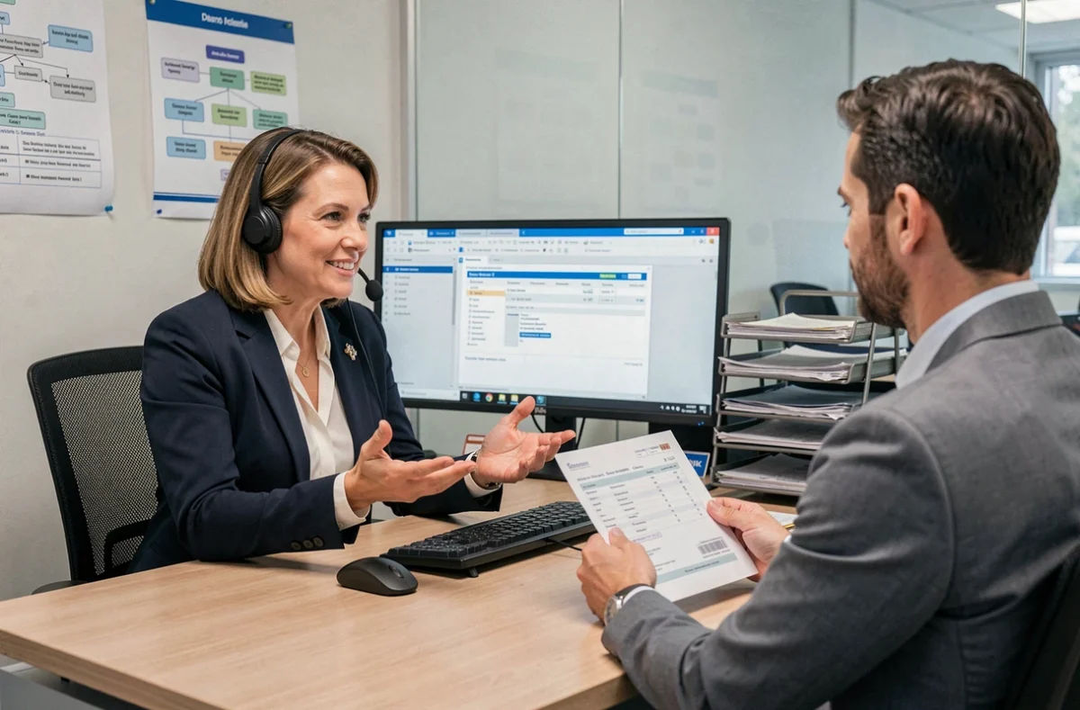 Gestionnaire sinistres d'Assurance Guisnet accompagnant un client dans le suivi complet de son sinistre auto en agence