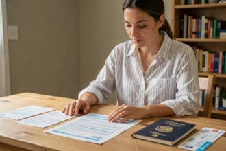 Femme consultant des documents d'assurance voyage avant un départ au Mexique, passeport et guide de voyage posés sur la table