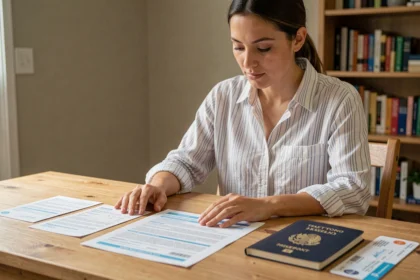 Femme consultant des documents d'assurance voyage avant un départ au Mexique, passeport et guide de voyage posés sur la table