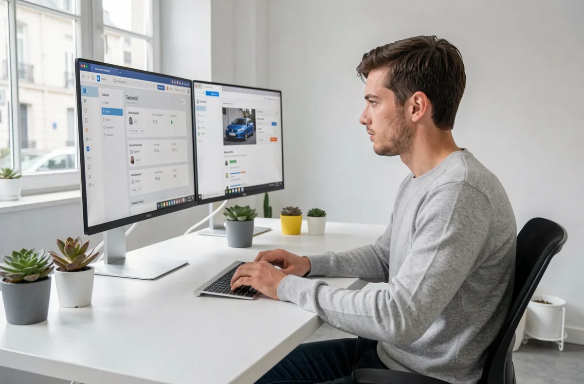 Conseiller d'Assurevo gérant des souscriptions d'assurance auto en ligne depuis un bureau digital moderne