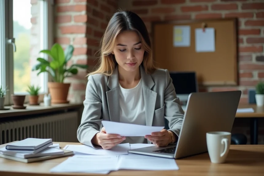 Auto-entrepreneur femme examinant ses documents bancaires sur un bureau en bois dans un bureau à domicile