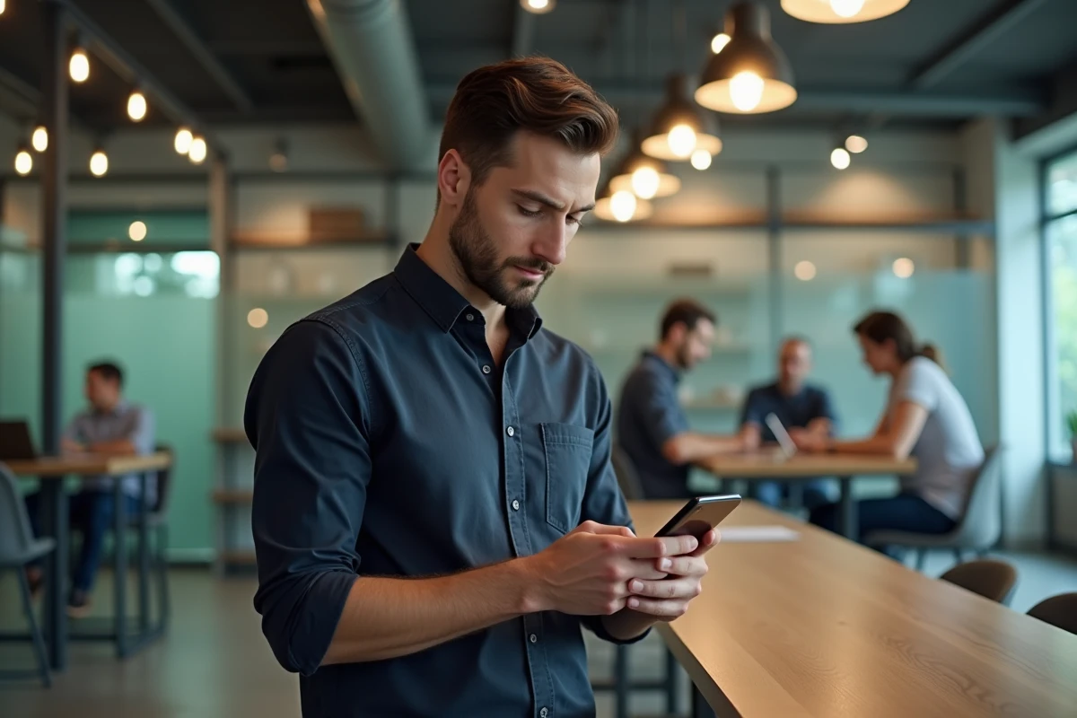 Auto-entrepreneur masculin consultant une application bancaire sur smartphone dans un espace de coworking