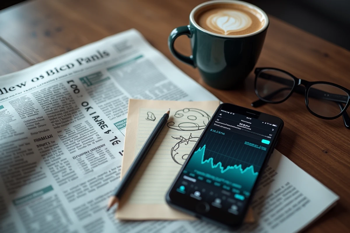 Vue aérienne d'un bureau avec journal financier, smartphone affichant un graphique boursier d'une action aéronautique et notes manuscrites d'analyse