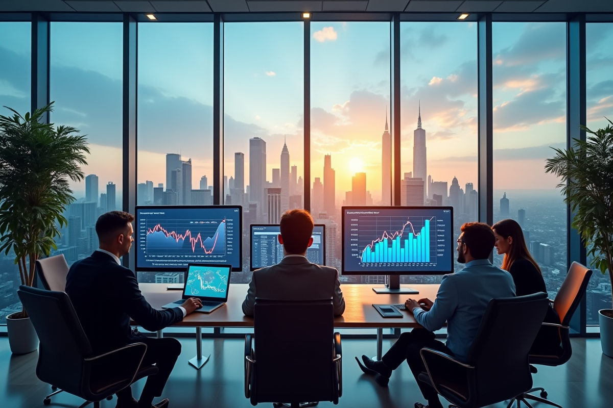 Bureau moderne avec vue sur une ville internationale et graphiques immobiliers