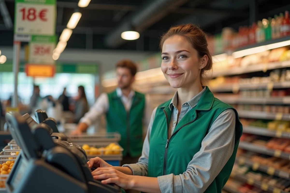 Jeune caissière souriante derrière la caisse en fin de service