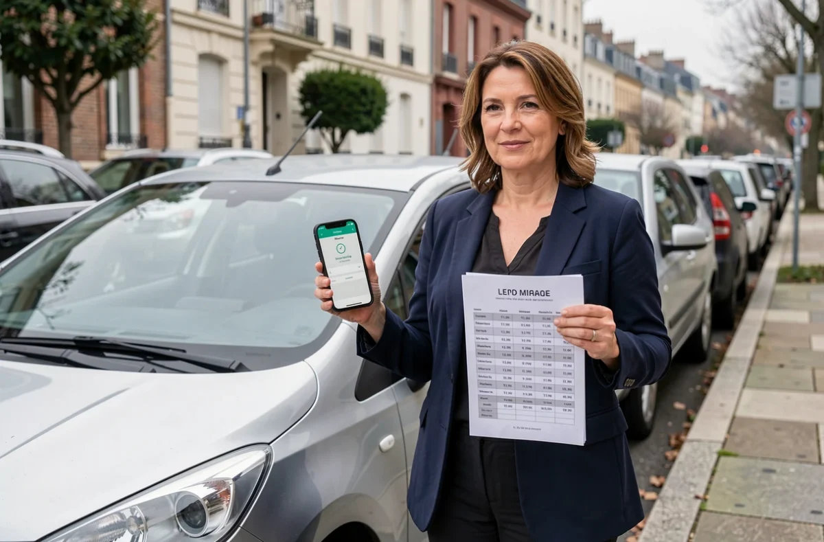 Femme consultant une application de suivi kilométrique sur smartphone devant sa voiture dans une rue urbaine pour calculer ses frais réels