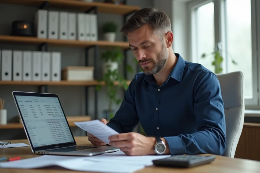 Homme analysant un calcul de rendement SCPI sur ordinateur avec des documents financiers imprimés sur son bureau