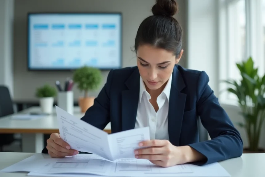 Femme cadre en bureau calculant le salaire net à partir d'un brut de 2400 euros avec des fiches de paie imprimées