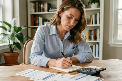 Femme calculant son salaire net en brut sur papier dans un bureau à domicile avec des fiches de paie