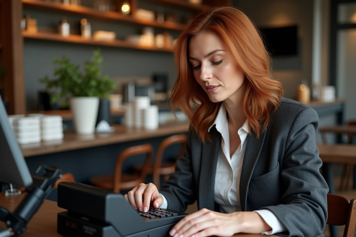 Caissière de restaurant utilisant une calculatrice caisse enregistreuse dans un environnement de point de vente professionnel