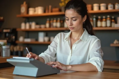 Commerçante utilisant une calculatrice argent professionnelle derrière un comptoir de boutique en bois
