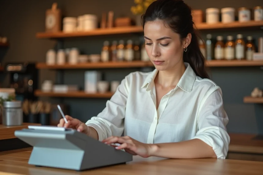 Commerçante utilisant une calculatrice argent professionnelle derrière un comptoir de boutique en bois