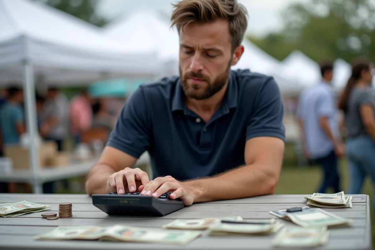 Vendeur sur un événement de marché utilisant une calculatrice argent avec des billets et pièces sur la table