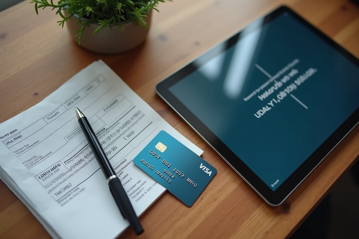 Vue de dessus d'une carte bancaire posée près d'une tablette affichant une confirmation de paiement de facture en ligne sur un bureau en bois