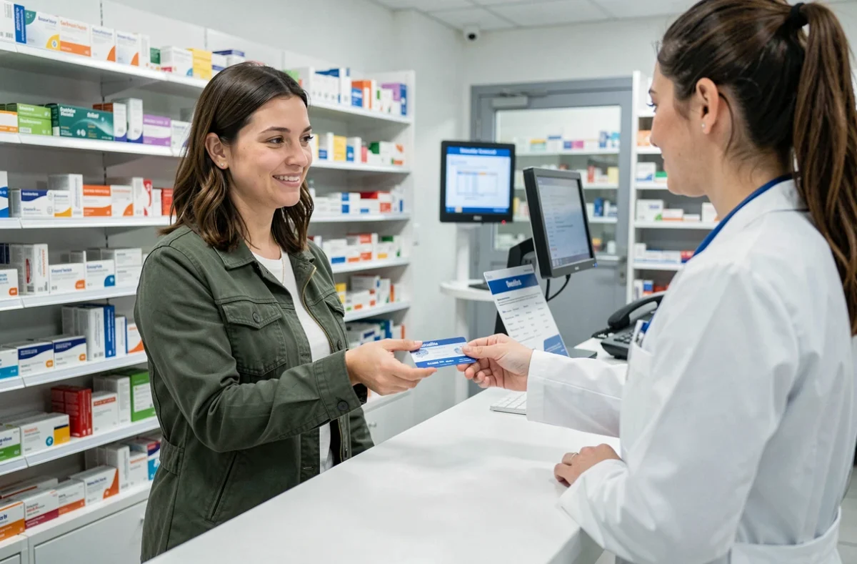 Femme présentant sa carte de mutuelle santé à la pharmacie