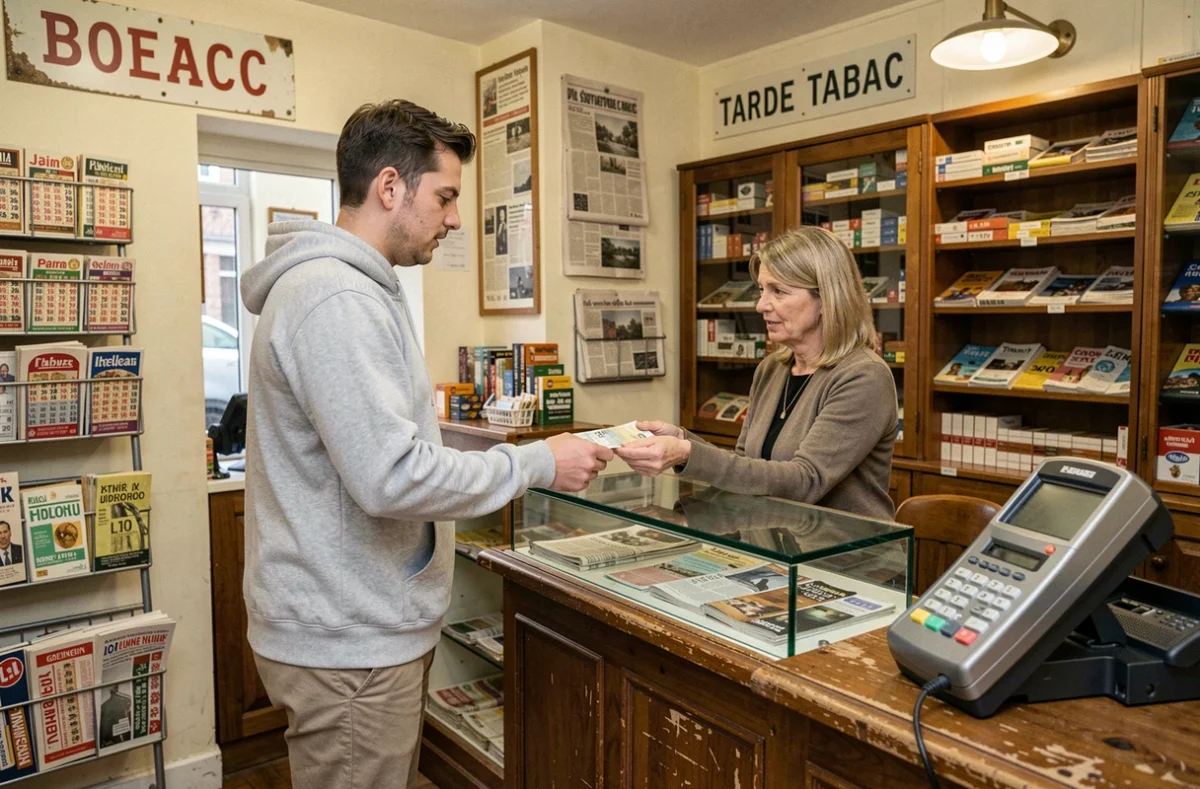 Jeune homme recevant des billets en euros dans un bureau de tabac offrant un service de cashback