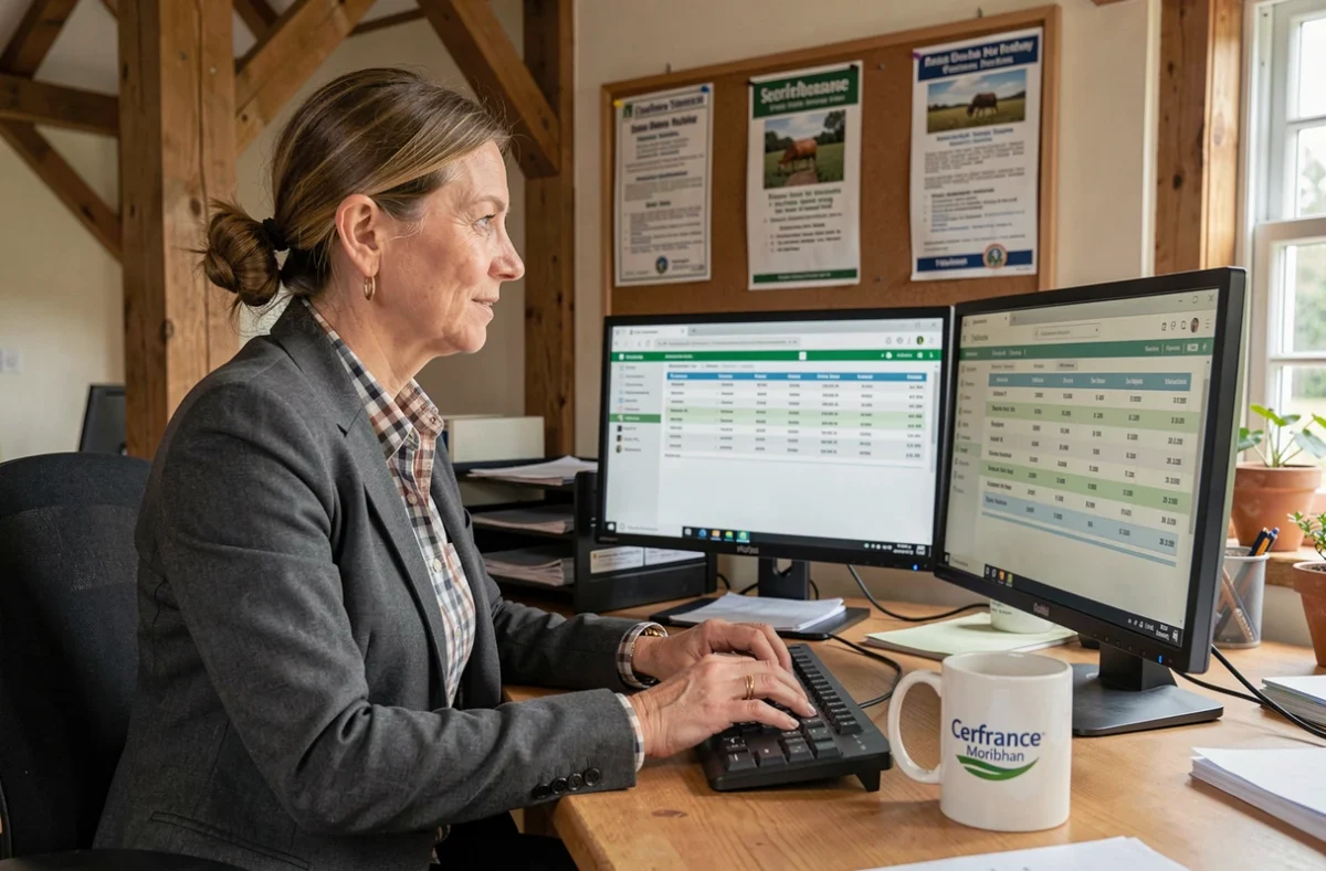 Comptable spécialisée de Cerfrance Morbihan travaillant sur des comptes agricoles dans un bureau à ambiance rurale