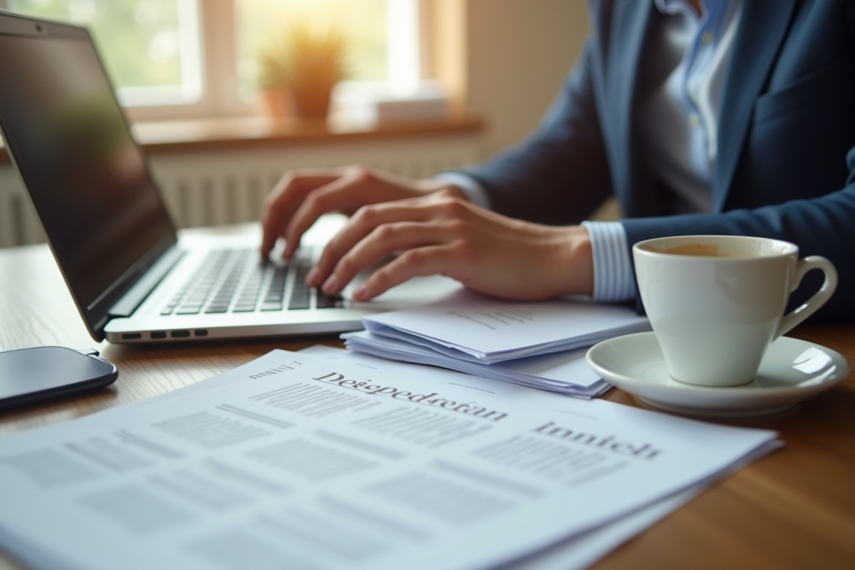 Mains tapant sur un clavier avec papiers et cafe