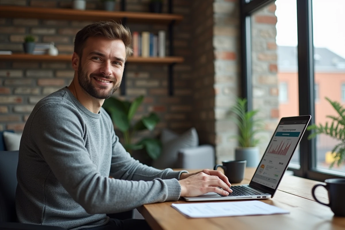 Homme consultant son espace client assurance Qlara en ligne depuis son bureau à domicile