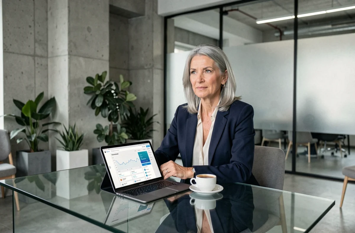 Cliente fortunée consultant une application de banque en ligne sur tablette dans un espace lounge moderne et épuré