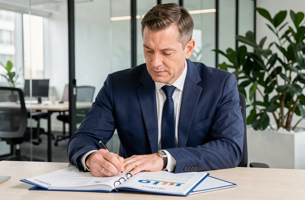 Comptable professionnel du cabinet Cogedis dans le Morbihan examinant des rapports financiers agricoles