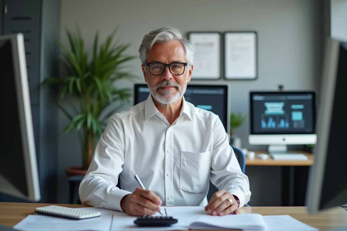 Comptable expérimenté analysant un simulateur d'impôt sur le revenu sur double écran dans un bureau professionnel