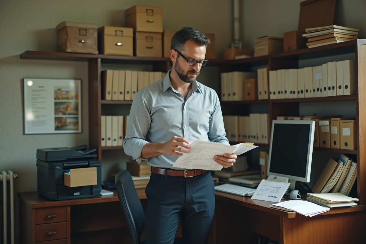 Comptable d'une trésorerie municipale examinant un rapport de transactions financières imprimé dans un bureau administratif local authentique