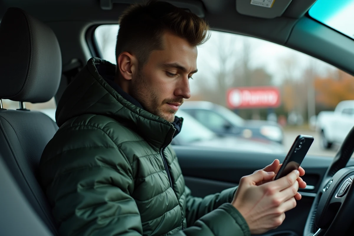 Jeune conducteur lisant des avis clients sur l'assurance Pacifica depuis son smartphone dans sa voiture