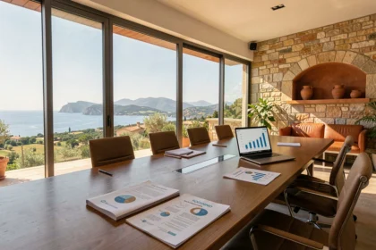 Vue panoramique d'un cabinet de conseil en gestion de patrimoine en Provence-Alpes-Côte d'Azur avec documents financiers et paysage méditerranéen