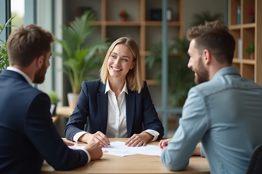 Conseillère en assurance Qlara présentant des conseils personnalisés à un couple dans un bureau moderne et transparent